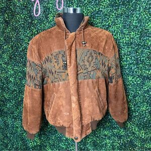 Vintage Brown Aztec Western Navajo Native Bomber Knit Jacket Sz L